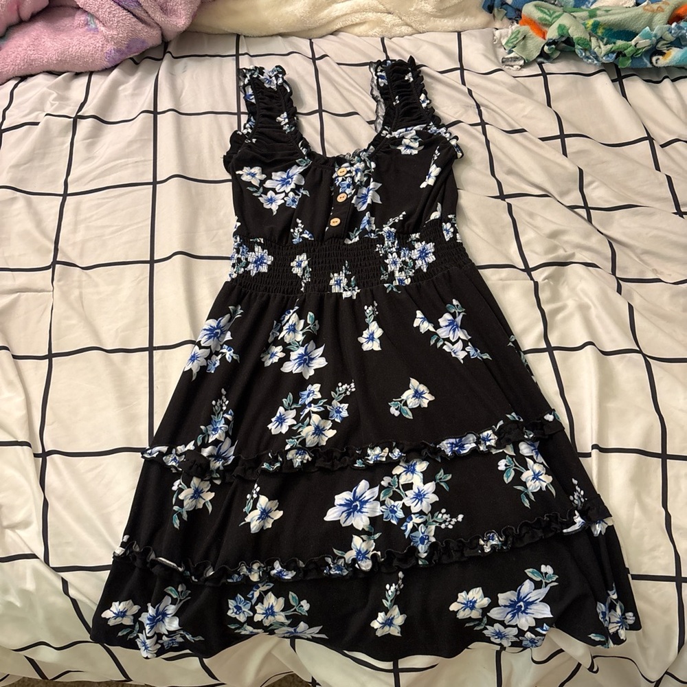 No Boundaries Black Dress with Blue and White Floral Design